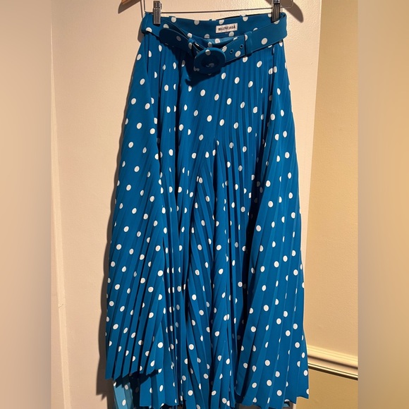 Balenciaga Belted Asymmetric Pleated Polka-dot Crepe Midi Skirt In Blue - Picture 3 of 4